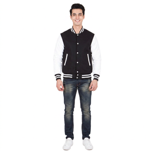 <b>Mens</b> Black Varsity <b>Jacket</b> <b>White</b> Sleeves Letterman Bomber <b>Jacket</b> Casual Baseball Style High School College Fashion Winter Warm - Product Image 1