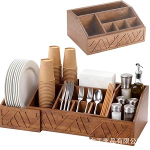 Boîte à couverts extensible en bois massif avec compartiments, porte-assiettes et porte-gobelets en papier jetables, rangement pour table à manger - Product Image 5