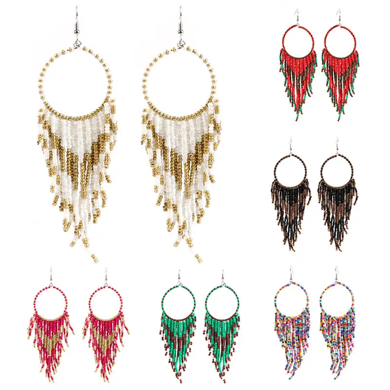 Fashion Bohemian Long Tassel Seed Bead Earrings Handmade Boho Beaded Hoop Earrings Jewelry