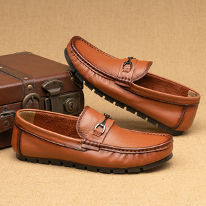 Mocassins en cuir véritable à bout carré, respirants, semelle en caoutchouc, chaussures décontractées d'été pour hommes - Product Image 2