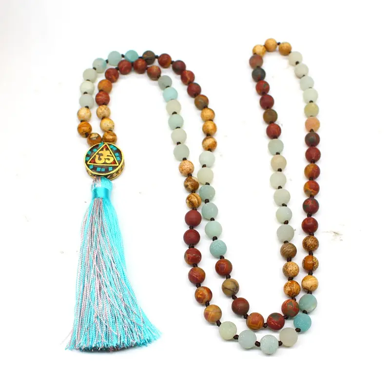 108 Mala Prayer Beads Necklace Natural Stones Meditation Yoga Jewelry 108 Hand Knotted Japan Mala Beaded Long Tassel Necklace