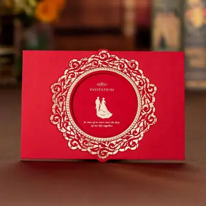 Convites de casamento luxuosos cortados a laser para casamento, material vintage chinês, cartões de papel vermelhos elegantes para convite de casamento