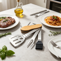 Ensemble d'outils de barbecue portables multifonctionnels 5 en 1 pour le camping en plein air, avec manche en bois et acier inoxydable détachable
