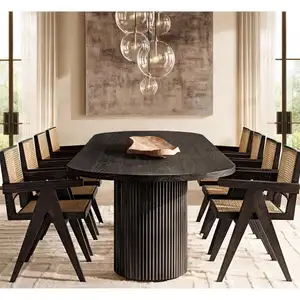 Meja Makan ringan mewah Modern pilar Romawi Oval padat kayu anggur anyaman meja makan furnitur meja desain kustom kayu
