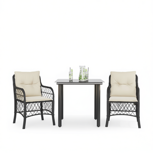 Conjunto de Bistró de Ratán Sintético Negro con Cojines, Muebles de Jardín para Exteriores, 2 Plazas, Estilo Contemporáneo - Product Image 1