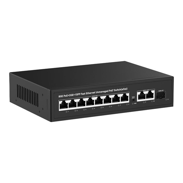 8+2 Full Gigabit 8 Ports 1000Mbps Network + 2 Uplink + 1 SFP Optical Port AC100-240V Active POE Switch 120W Standard Af/at