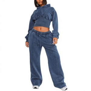 Women's <b>Blue</b> Fleece Hooded <b>Crop</b> <b>Top</b> Wide Leg Jogger Pants 2 Piece Set Casual Loose Fit All Seasons Solid Color Knitted Sweatwear - Product Image 1