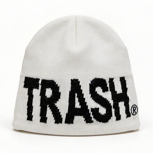 White TRASH Letter Jacquard Knit Beanie-Unisex Streetwear Winter Skull <b>Cap</b> with Common Fabric Travel Ready Custom Logo Wholesale - Product Image 2