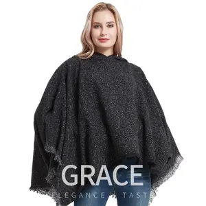 2022 ladies big size fashion solid cape with hood poly knitted poncho women's winter shawl scarf