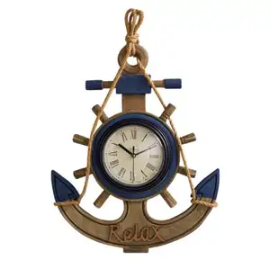 Style méditerranéen rétro vintage navire ancre horloge décoration murale pendentif en bois navire gouvernail créatif horloge silencieuse