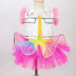 Детский танцевальный костюм, летний тренировочный костюм для девочек с коротким рукавом, комбинезоны, современные радужные танцевальные юбки-пачки