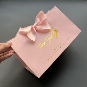 Wholesale Matte Pink Paper <b>Handbags</b> Gold Foil Printed Brand Logo <b>Big</b> Satin Bow Shopping Bags For Hair Business Cosmetic - Product Image 2
