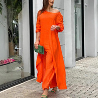 Ensemble décontracté d'été deux pièces pour femme en coton et lin : haut à manches longues asymétrique et pantalon large confortable