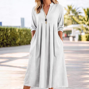 Abito <span class=keywords><strong>Lungo</strong></span> Muguyu Casual Elegante Retrò in Cotone-Lino <span class=keywords><strong>con</strong></span> <span class=keywords><strong>Maniche</strong></span> <span class=keywords><strong>a</strong></span> <span class=keywords><strong>Tre</strong></span> <span class=keywords><strong>Quarti</strong></span>, Scollo <span class=keywords><strong>a</strong></span> V, Patchwork, Pieghe e Tasche, Modello <span class=keywords><strong>A</strong></span>-Line - Product Image 5