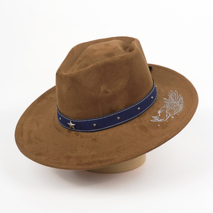 Topi Koboi Suede Bertepi Lebar Bordir 3D Motif Gagak Topi Fedora Barat Dengan Tali Pengikat Dapat Disesuaikan Topi Vintage Untuk Perjalanan Luar Ruangan dan Peternakan - Product Image 6