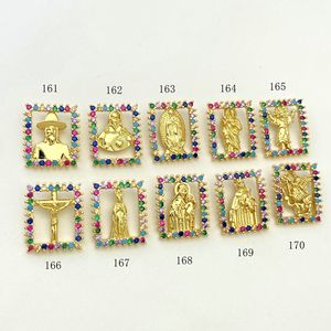 Raffredda rettangolo religiosi santi cristiani modello con gemme colorate placcato in oro 18K ciondolo ciondolo in ottone rame - Product Image 2