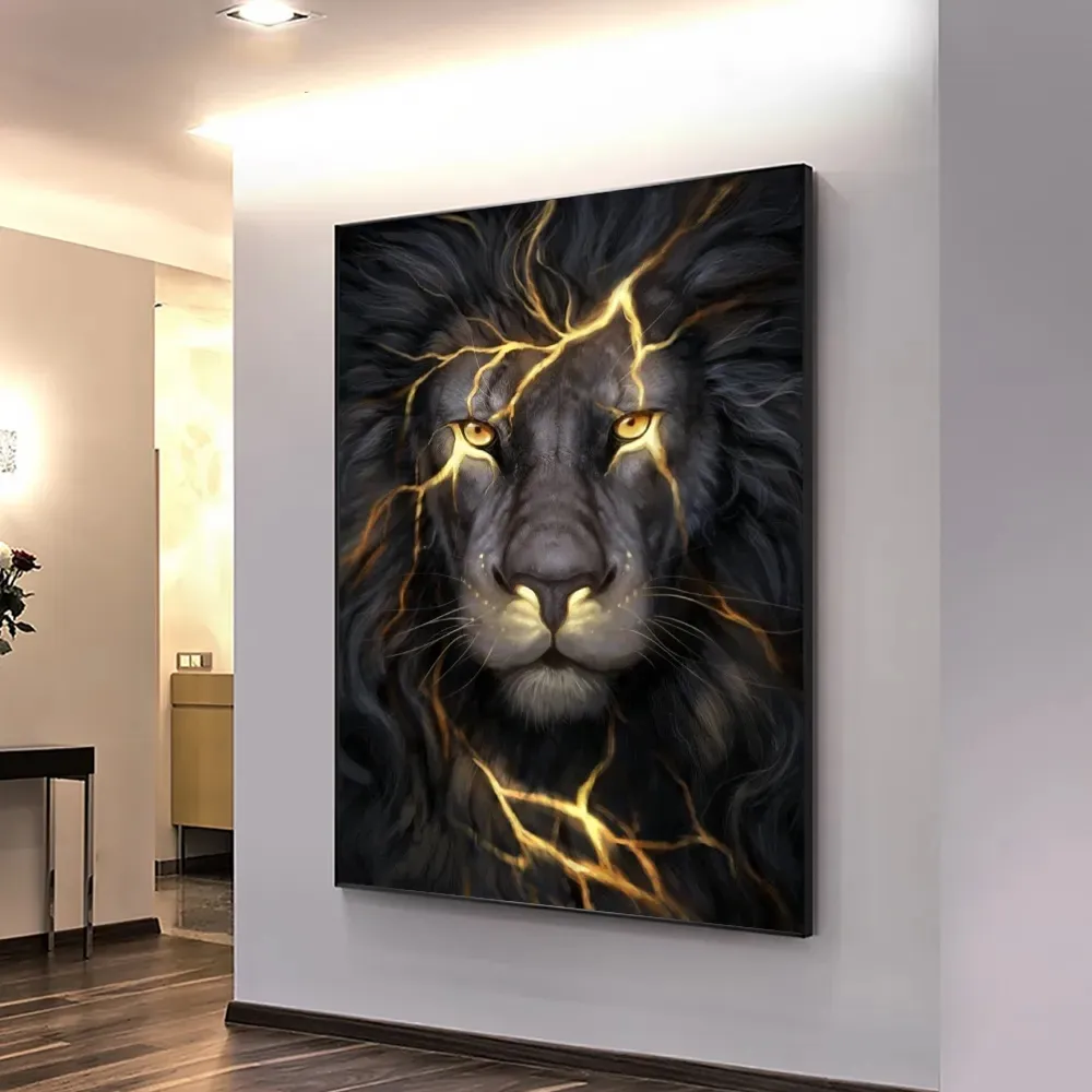 Home Decoration Frame Posters Black and Golden Light Lion Canvas Modern large wall art animal canvas print painting picture