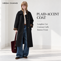 Veste longue en tissu imitation laine noire à revers pour femme VEGA CHANG, doublure à carreaux, poignets contrastés, grandes poches latérales, manteau d'hiver