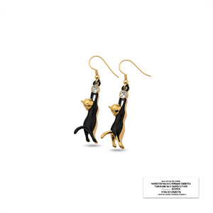 Boucles d'oreilles pendantes chat noir et or E3722 pour femme, en alliage, avec strass en cristal, bijoux fantaisie animaux de dessin animé - Product Image 1