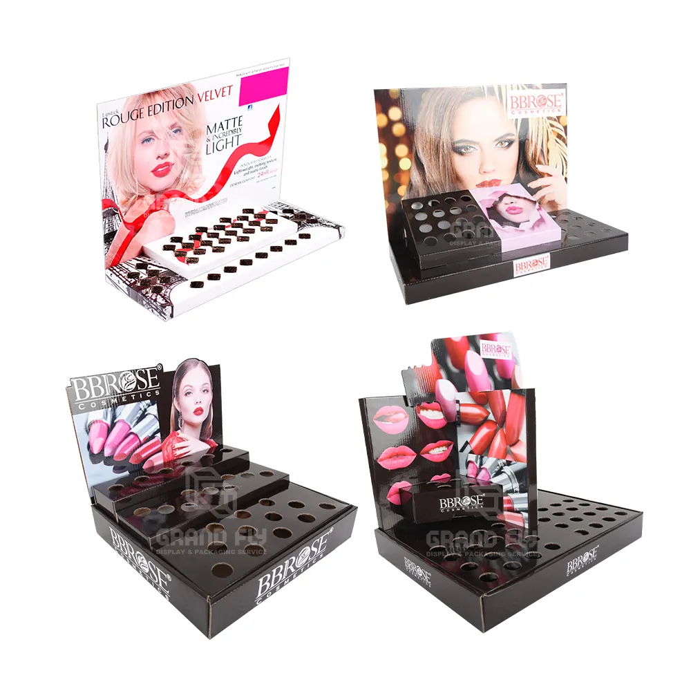 Présentoir de comptoir de cosmétiques au détail Boîte de présentation de baume à lèvres Emballage en carton Dessus de table Boîte à cosmétiques Pdq