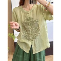 Kemeja Wanita Bordir Katun Linen Warna Pink Debu Musim Panas 2026 Grosir Baru Kerah Mandarin Kancing Katak Lengan Lonceng Model Longgar