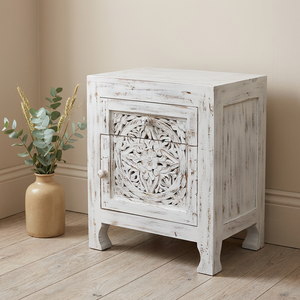Table de chevet moderne en bois massif sculpté à la main, finition blanchie, avec 1 tiroir et 1 porte, durable, pour salon, Jangid Art - Product Image 2