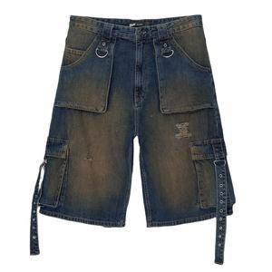 China Jeans Fabricante original Personalizado Neon Blue Side Stripes Jorts Streetwear Blue Faded Skater Denim Bermudas - Product Image 4