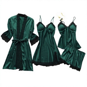 Cross-Border Dames Sexy Vierdelige Pyjama Set Koreaanse Stijl Suspender Loungewear Slaapjas Borstpads Satijn 2023 - Product Image 1