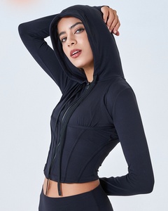 Aoyema Vêtements de sport pour femmes avec logo personnalisé Haut de gymnastique mince à manches longues avec fermeture éclair et capuche avec cordon de serrage Vestes respirantes pour le fitness et le yoga - Product Image 6