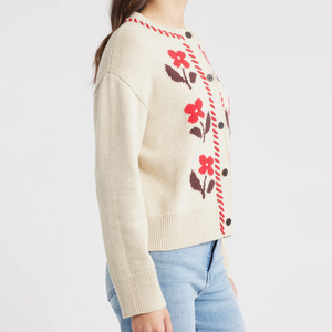 <span class=keywords><strong>Cardigan</strong></span> Oversize in Maglia con Ricamo Floreale Crema e Dettagli Rossi, Manica Lunga, Produzione ODM e OEM Wisrise - Product Image 3