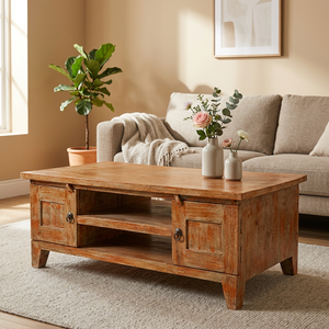 Mesa de Centro de Madera de Acacia Vintage, Muebles para el Hogar, Hotel, Granja, Jardín, 2 Cajones y Compartimentos, Artesanía India - Product Image 1