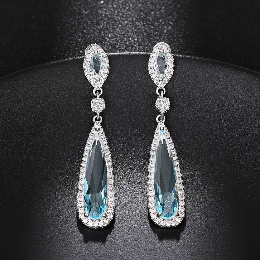 CAOSHI Long Drop Aquamarine Color Blue Stud Earrings Women Cubic Zirconia Imitated Rhodium Plated Water Drop Wedding CZ Earrings