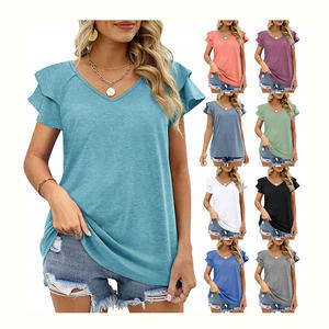 2023 abbigliamento <span class=keywords><strong>donna</strong></span> alla moda top estivi <span class=keywords><strong>donna</strong></span> manica corta con volant <span class=keywords><strong>T</strong></span>-<span class=keywords><strong>Shirt</strong></span> <span class=keywords><strong>bianca</strong></span> in cotone tinta unita melanina - Product Image 1