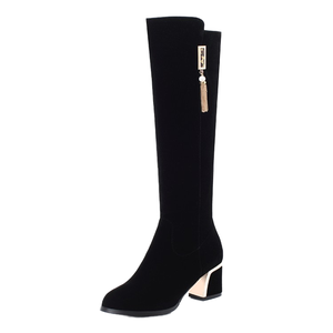 Nouvelles bottes hautes pour femmes automne/hiver avec fermeture éclair et semelle intérieure en PU, talon épais à bout pointu, noires - Product Image 1