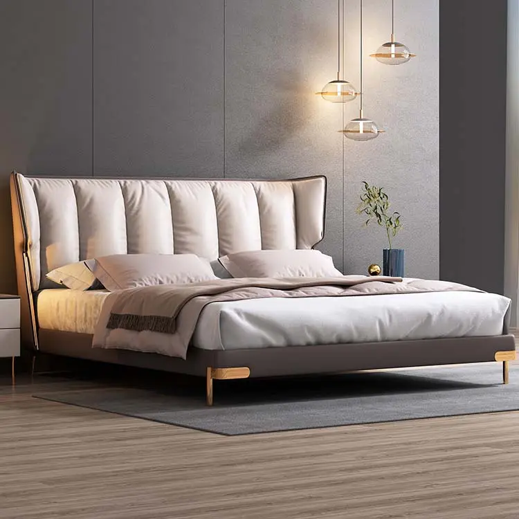 Кожаная кровать размера «King-Size» в итальянском стиле, современная роскошная двухместная деревянная кровать для спальни, гостиничная мебель размера «Queen-Size», кровать