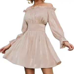 OEM spring custom Lady Elegant rayon off shoulder casual ruffles long sleeves women A line mini dress