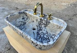 Lavabo de Mármol Calacatta Viola de Lujo con Grifo Integrado, Lavabo de Baño de Piedra Natural Hecho a Mano - Product Image 4
