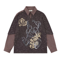 Poids 280g, Mélange polyester et élasthanne, Imprimé ours et carreaux, Style rétro américain, Chemise décontractée unisexe ample à manches longues pour couple