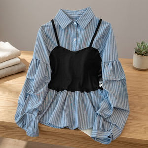 Camisa de Mujer a Rayas de Manga Larga con Botones, Top con Inserciones Negras, Mangas Abullonadas con Volantes, Corte Holgado Informal para Todas las Temporadas - Product Image 3