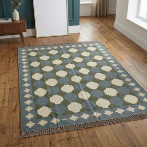 Tapis rectangulaire à motif géométrique Krafterscustom en laine et acrylique, kilim écologique, tufté à la main, tissage plat, poils moyens, latex - Product Image 1