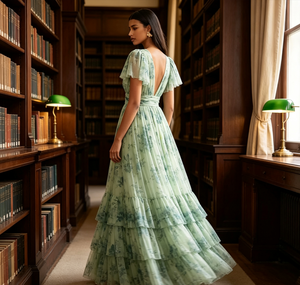 Abito da Sera per Donna con Stampa Floreale, Vestito Lungo in Tulle con Scollo a V Profondo, Maniche Corte a Sbuffo e Balze, Ideale per Ospiti di Matrimonio - Product Image 5