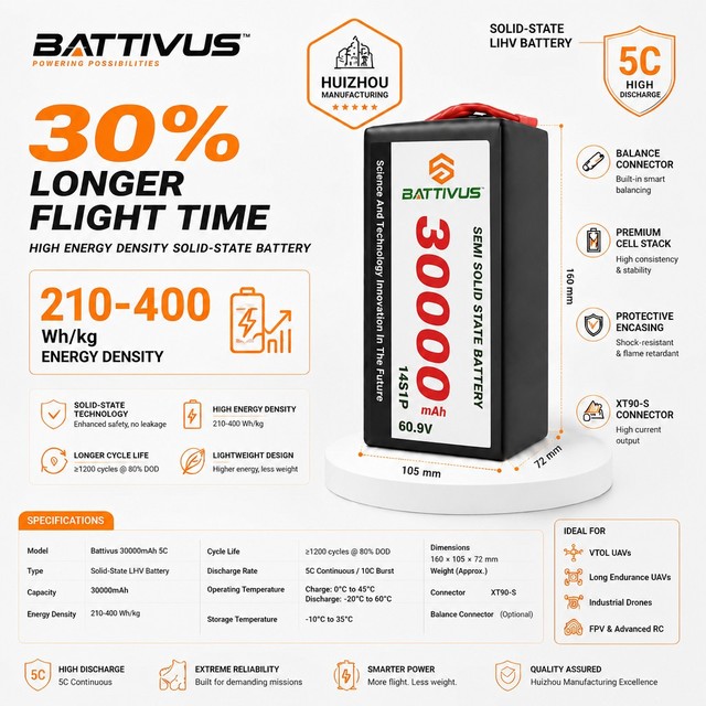 Semi-Solid State UAV Battery 12S 14S 12000mAh to 30000mAh High Energy Density 51.8V 60.9V Battery Pack for Inspection VTOL Drone