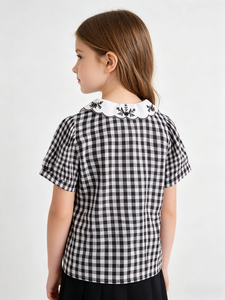 Camisa <span class=keywords><strong>Polo</strong></span> Infantil para <span class=keywords><strong>Niña</strong></span>, Estilo Vintage Dulce de Verano, con Botones al Frente, Cuello Peter Pan, Cuadros Blancos y Negros - Product Image 3
