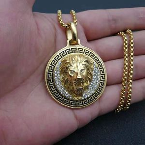 Collier pendentif tête de lion en acier inoxydable plaqué or avec strass pour homme, bijoux de fête hip hop - Product Image 5
