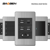 Prise murale BAOBEN en acier inoxydable, norme brésilienne, double USB Type C, interrupteur d'éclairage avec 5 ports, prise 10A 20A