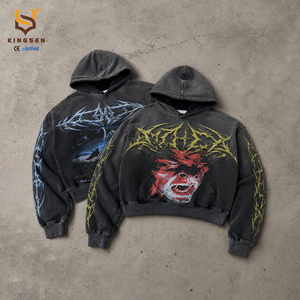 Custom Streetwear Clothing Manufacturer Cropped Vintage Distressed Stone Acid Washed Graphic Dtg Print Drop Shoulder Hoodie - Product Image 1