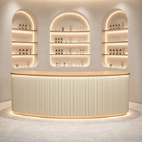 Comptoir d'accueil moderne et minimaliste en bois pour salle de sport, magasin de vêtements, petit salon de beauté, salon de manucure, bar - Design incurvé, caisse enregistreuse