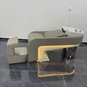 Sillón de Lavado de Cabello Moderno Color Beige, con Asiento de Cuero PU y Taburete, para Salón de Belleza - Product Image 4
