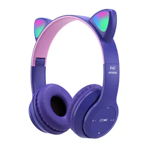 Fone de ouvido gamer com microfone p47mcat, headset dobrável com luzes de led, para gatos e orelhas