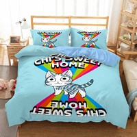 Ensemble de literie imprimé en 3D brodé solide chat Chi Sweet Home ensemble de fleur de dessin animé imprimé en 3D plante Anime chat Chi solide Polyester